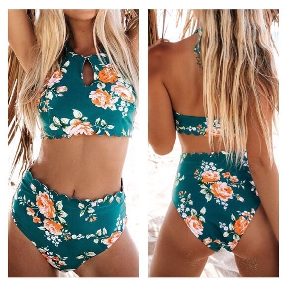 Cupshe teal floral scallop halter bikini set L - Picture 1 of 7